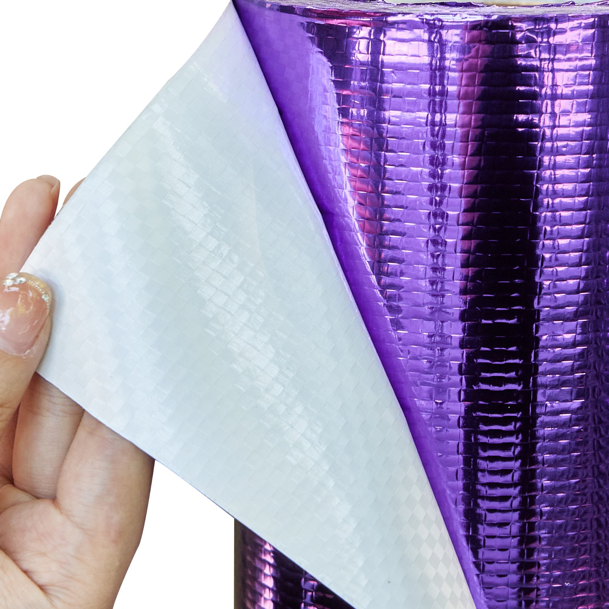 Purple Metallized PET and white woven fabric