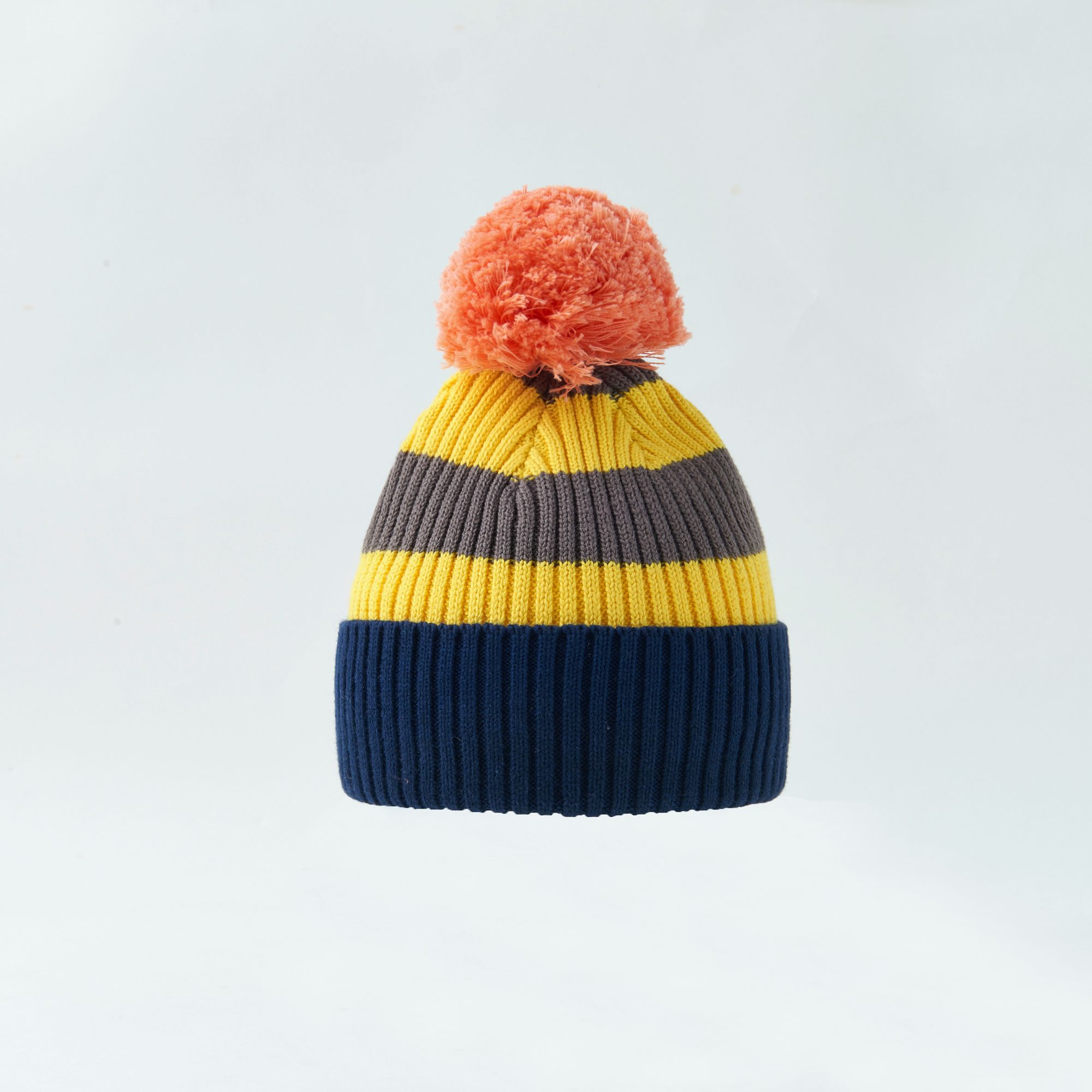 Children's winter double-layer warm hat baby striped knitted pure cotton hairball hat