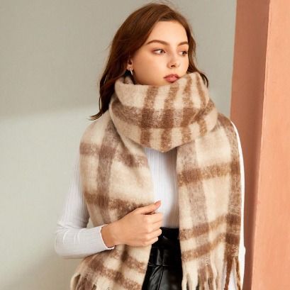 2024 new mohair checkered scarf female autumn and winter fashion warm Korean version of students with tassel bib