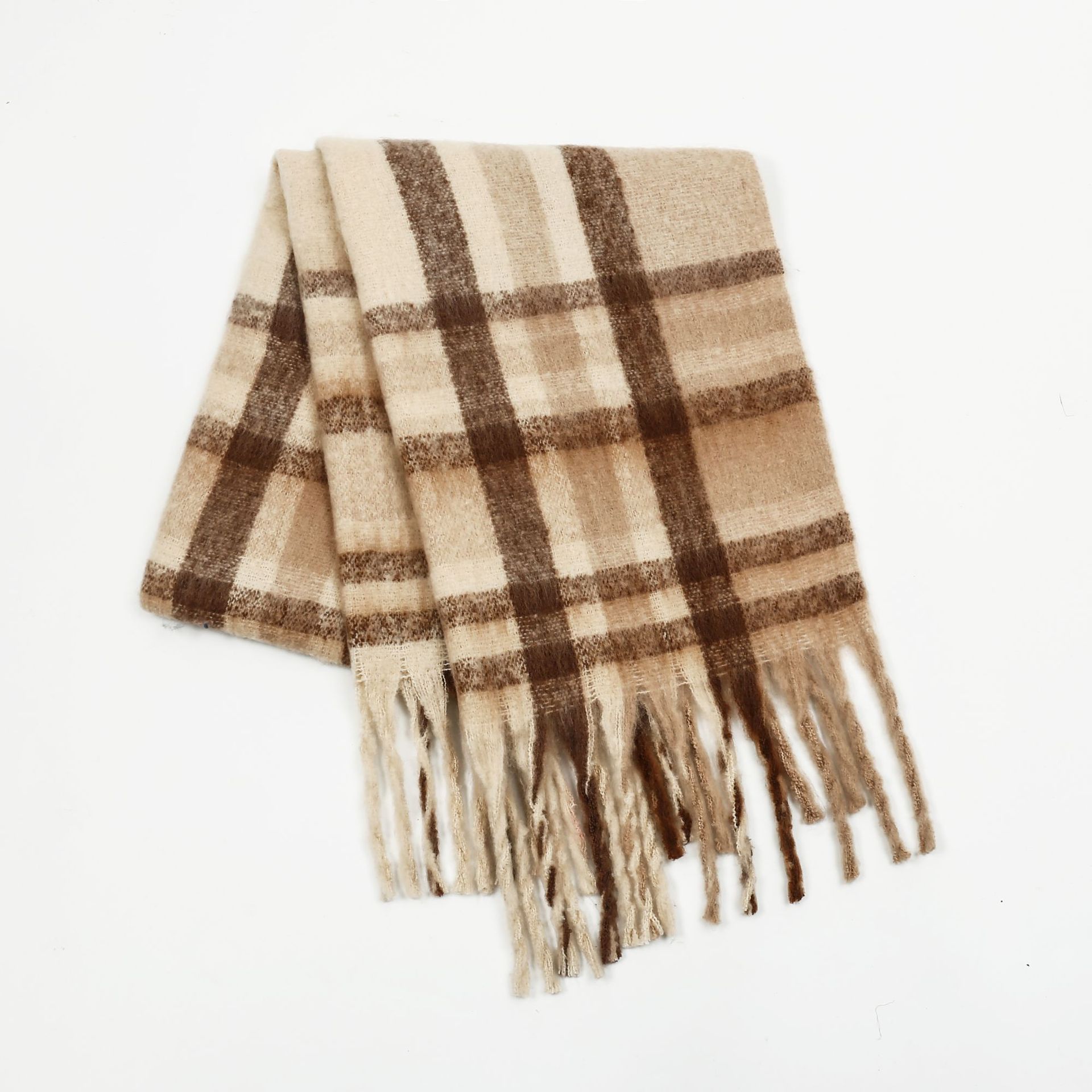 2024 new mohair checkered scarf female autumn and winter fashion warm Korean version of students with tassel bib