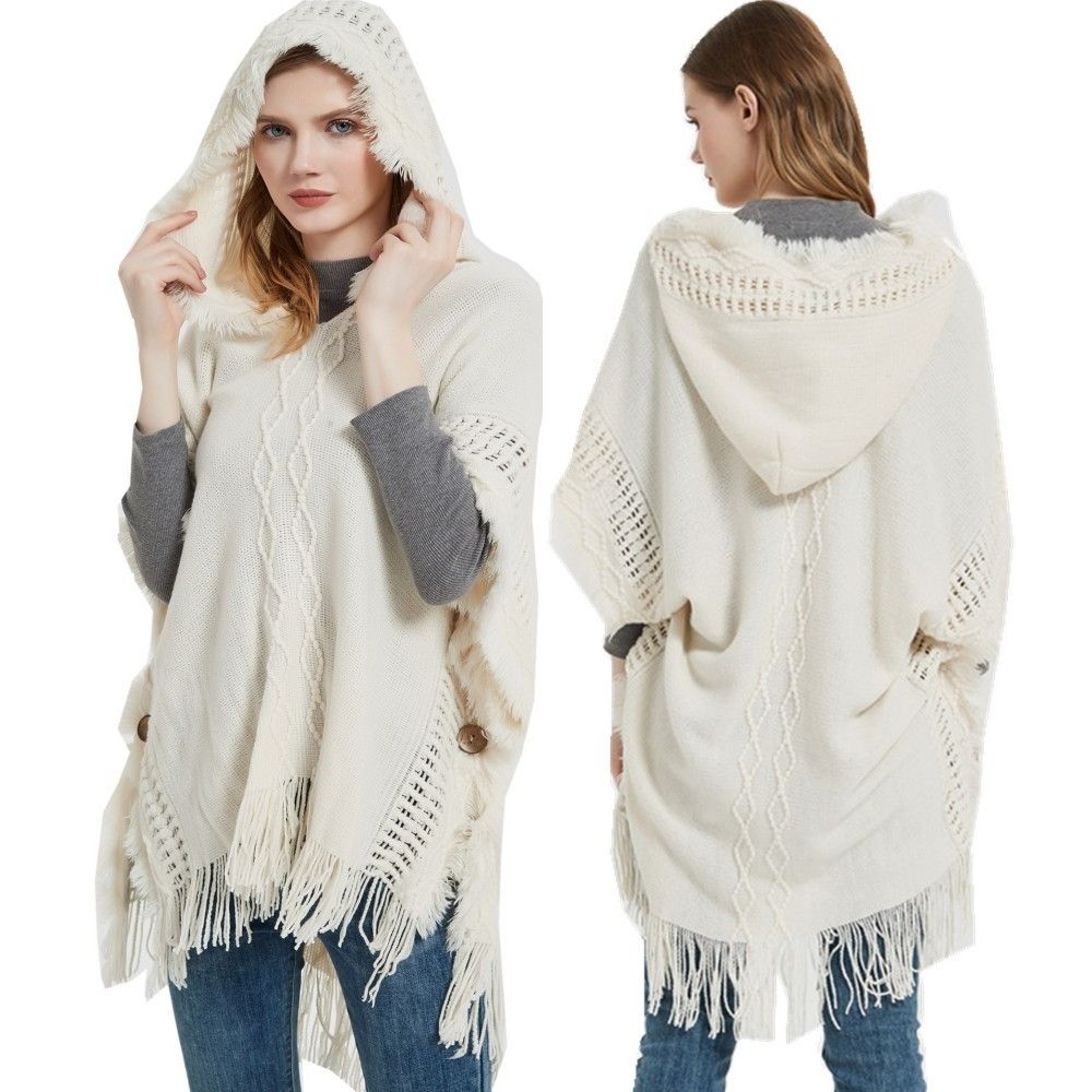 Top quality shawls Europe and the United States Spring and autumn winter large-size knit button-hooded cape shawls