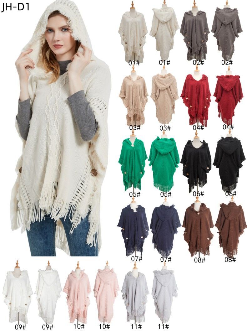 Top quality shawls Europe and the United States Spring and autumn winter large-size knit button-hooded cape shawls