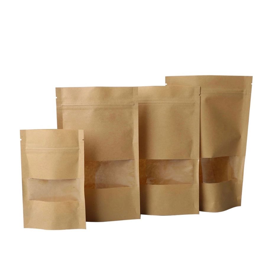 Stand Up Pouch Bags Kraft Paper Pouch With Tear Notch and Matte Window Resealable Ziplock Packaging Bag