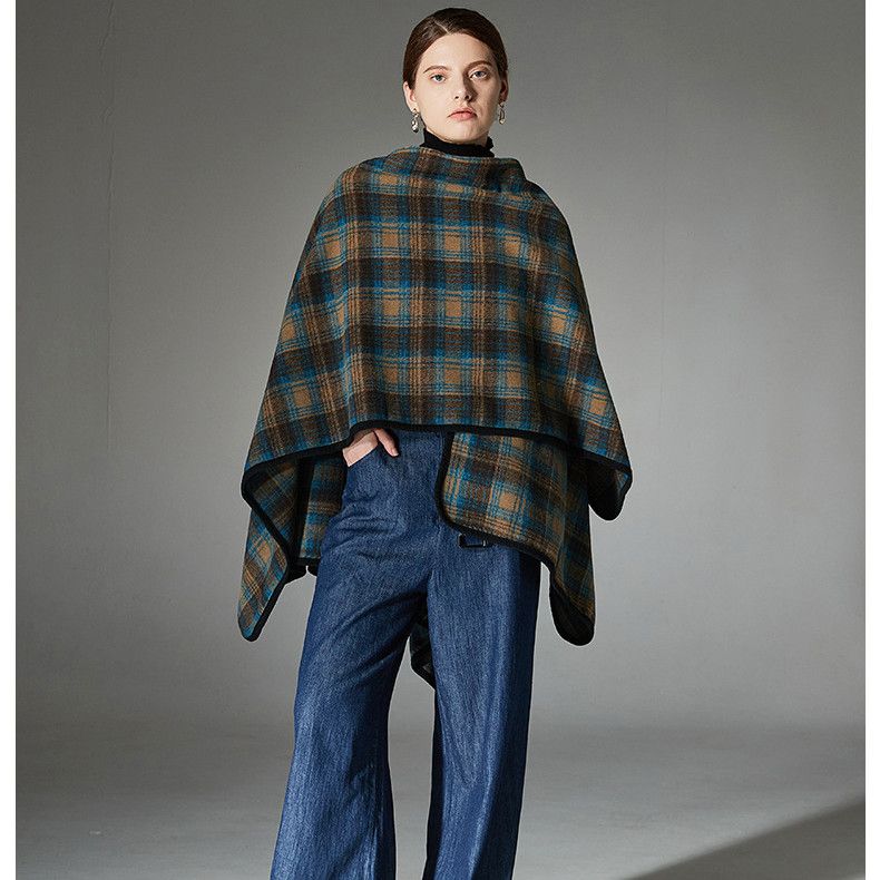 Autumn winter 2024 new blue plaid cape classic everything temperament large cape