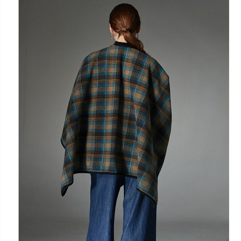 Autumn winter 2024 new blue plaid cape classic everything temperament large cape