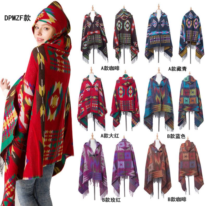 Autumn/Winter New horn buckle Ethnic wind capes Bohemian ethnic wind hooded capes