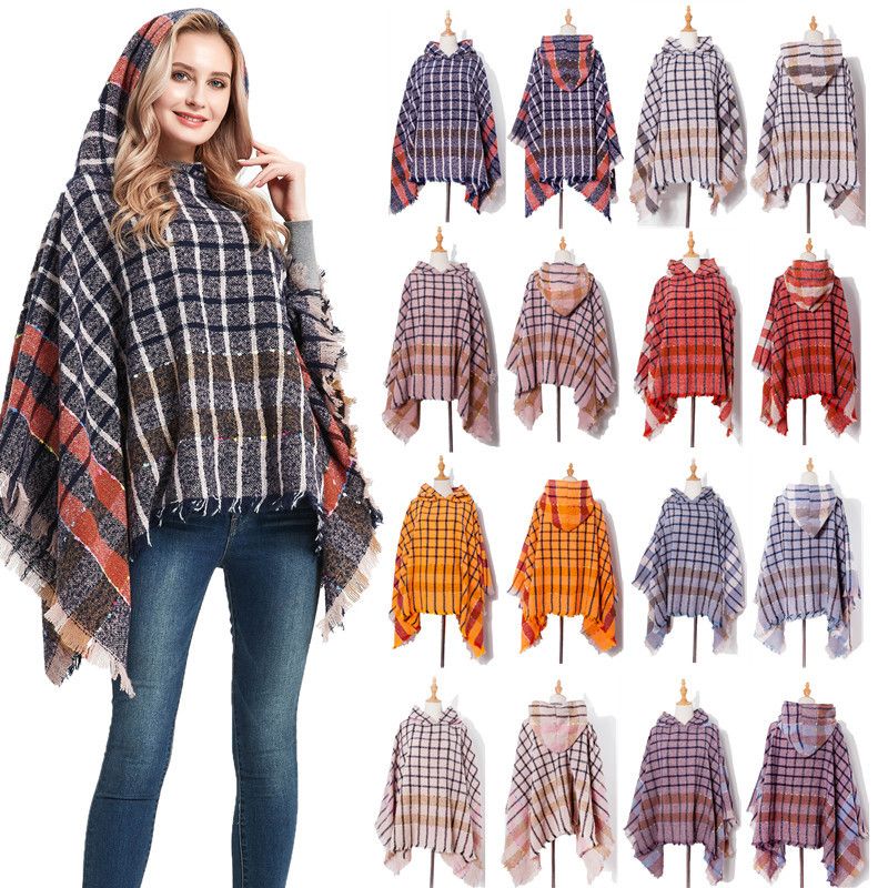 Autumn and winter new factory direct sales loop yarn bristle check with hooded hooded mantle