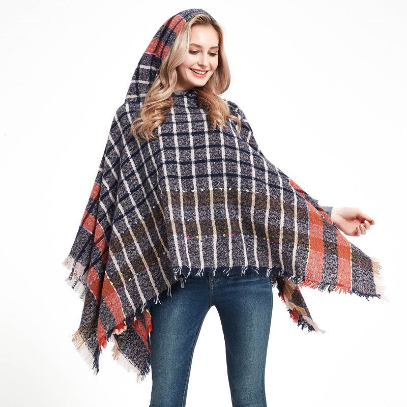 Autumn and winter new factory direct sales loop yarn bristle check with hooded hooded mantle