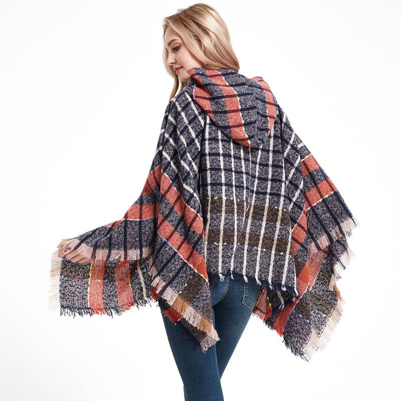 Autumn and winter new factory direct sales loop yarn bristle check with hooded hooded mantle