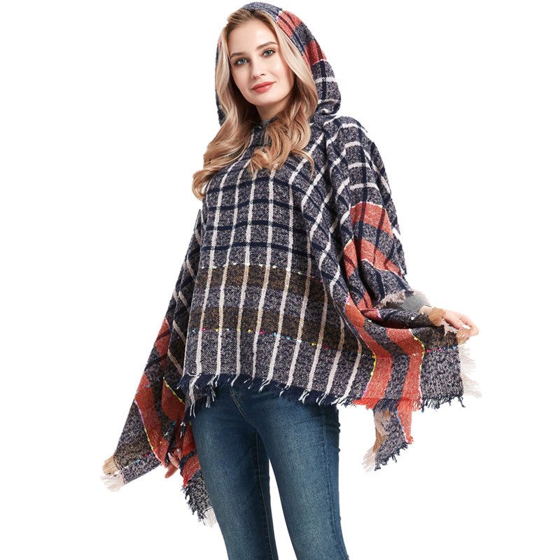 Autumn and winter new factory direct sales loop yarn bristle check with hooded hooded mantle