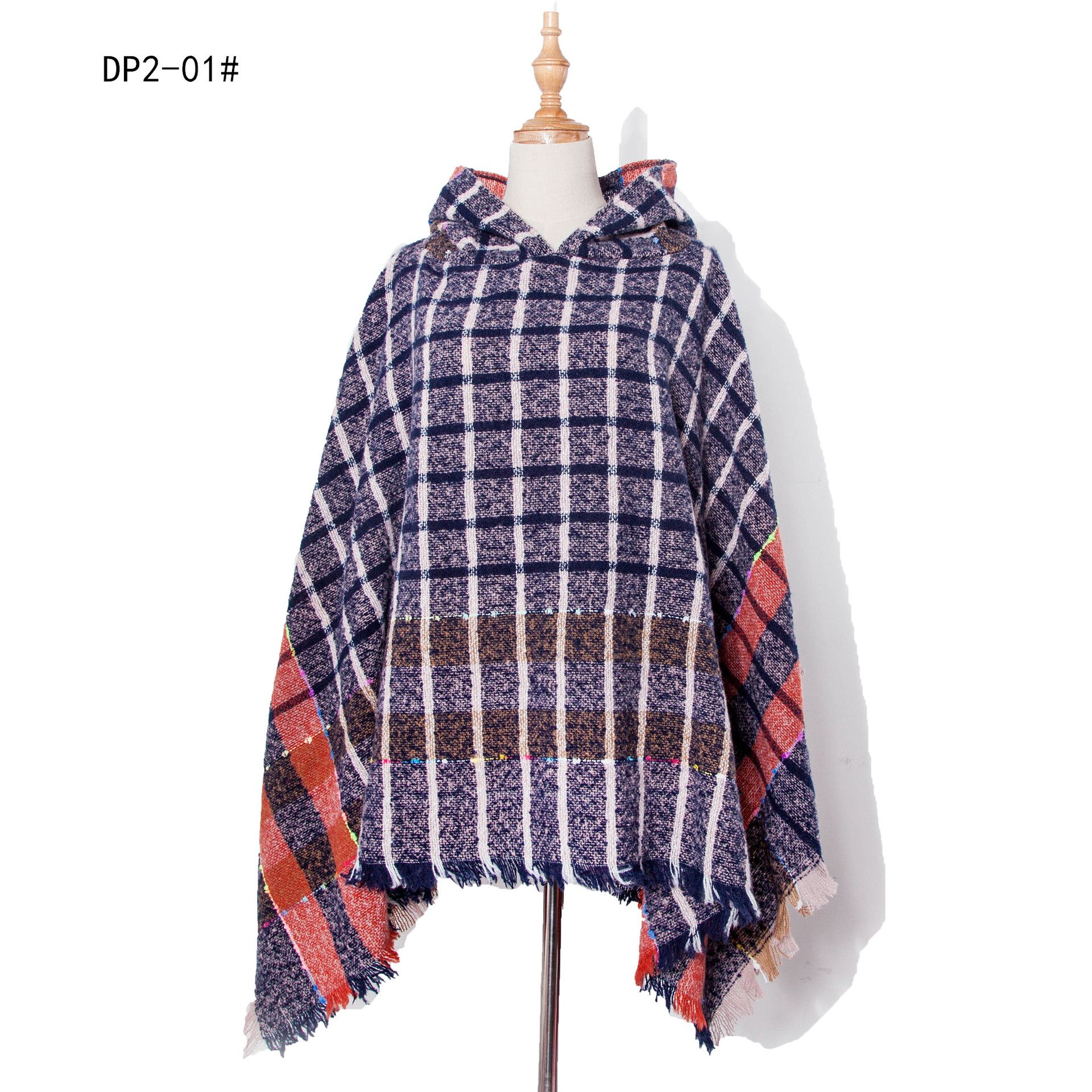 Autumn and winter new factory direct sales loop yarn bristle check with hooded hooded mantle