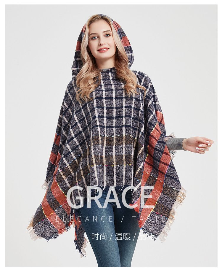 Autumn and winter new factory direct sales loop yarn bristle check with hooded hooded mantle