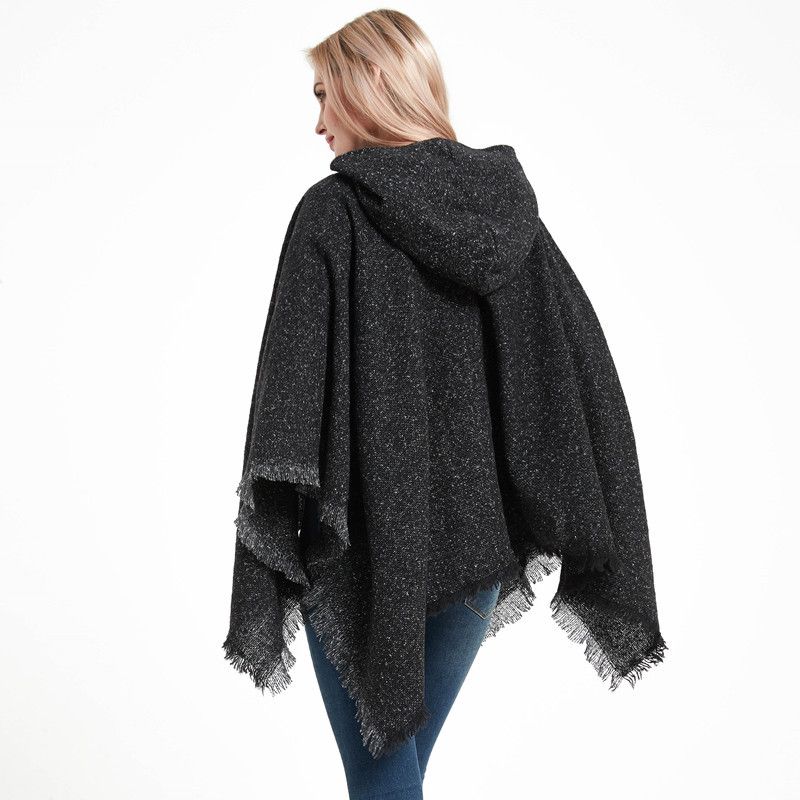 New shawls for women Autumn-winter floral plain black pullover with hooded cape