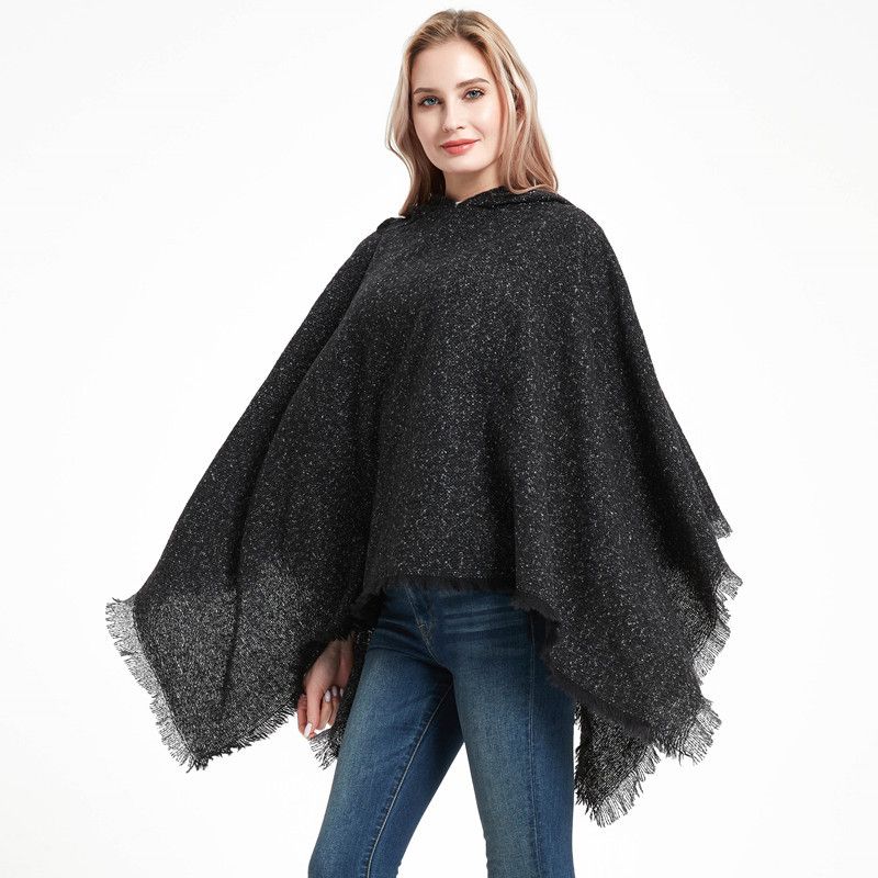 New shawls for women Autumn-winter floral plain black pullover with hooded cape