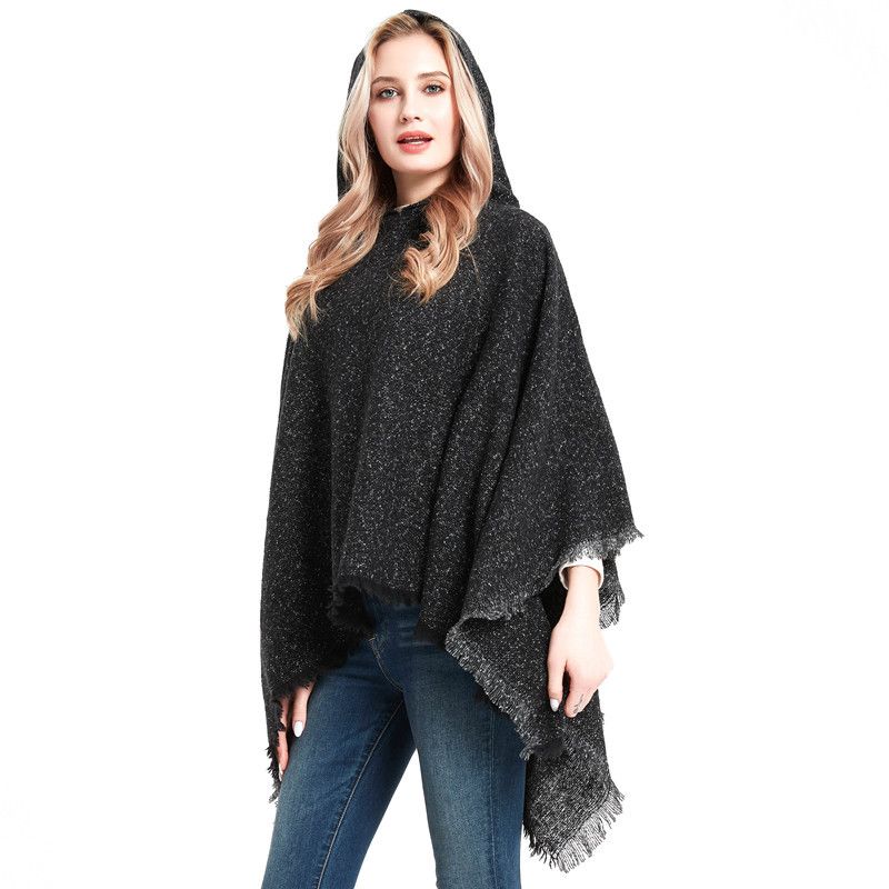 New shawls for women Autumn-winter floral plain black pullover with hooded cape