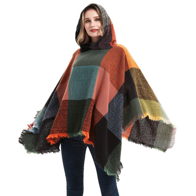 Spring and winter new large plaid women's pullover cape hooded cape cape