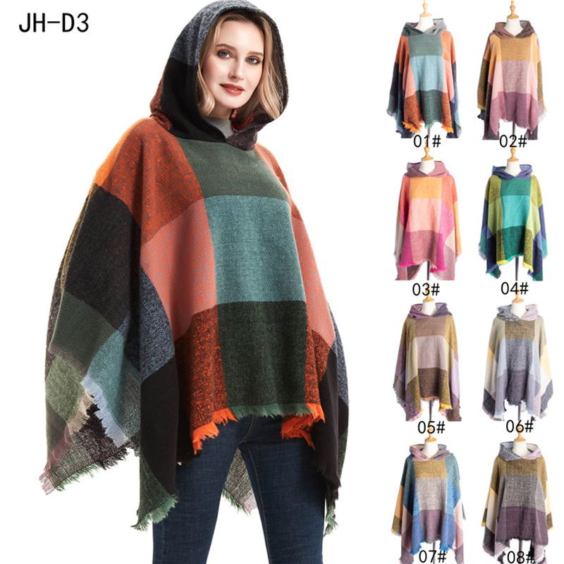 Spring and winter new large plaid women's pullover cape hooded cape cape