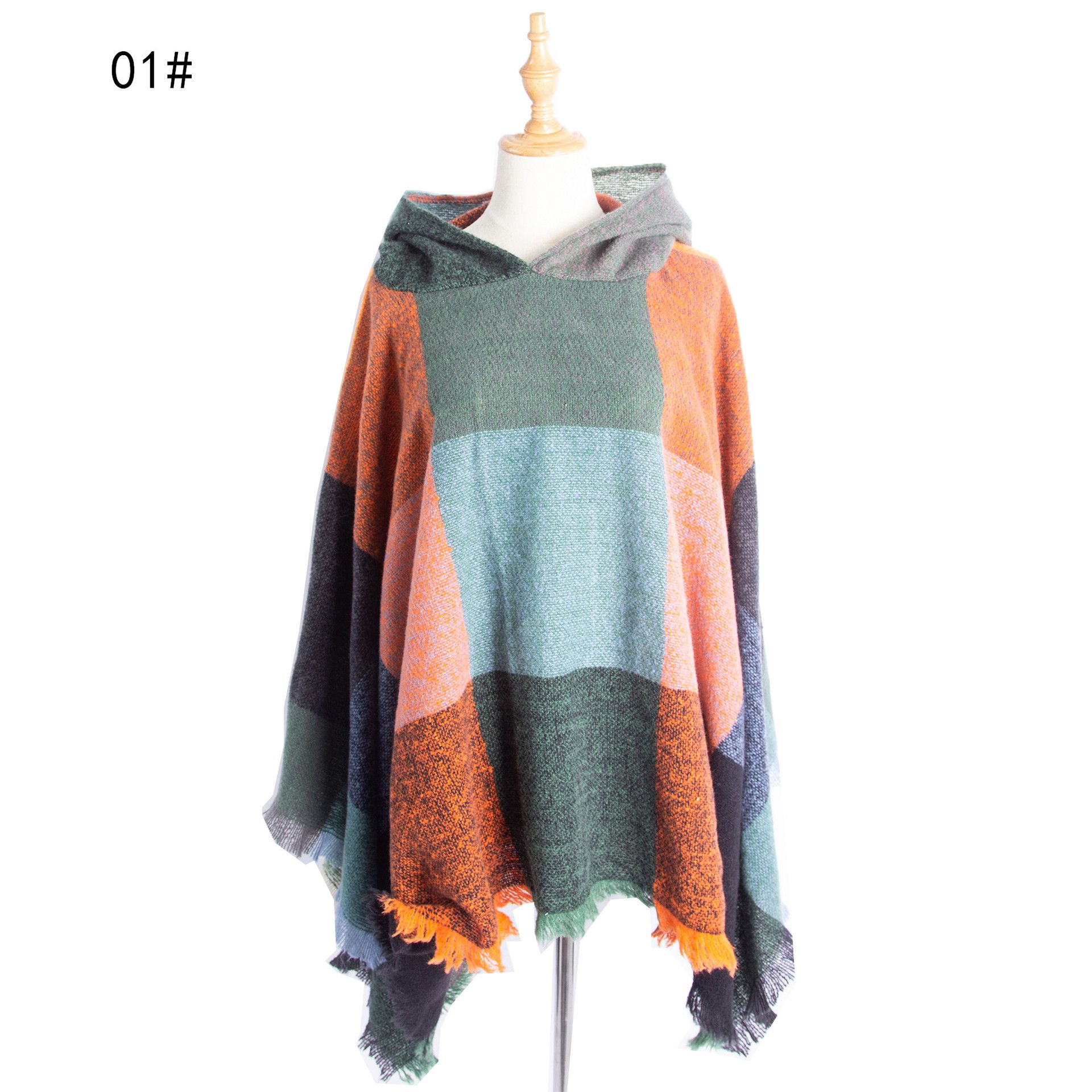 Spring and winter new large plaid women's pullover cape hooded cape cape