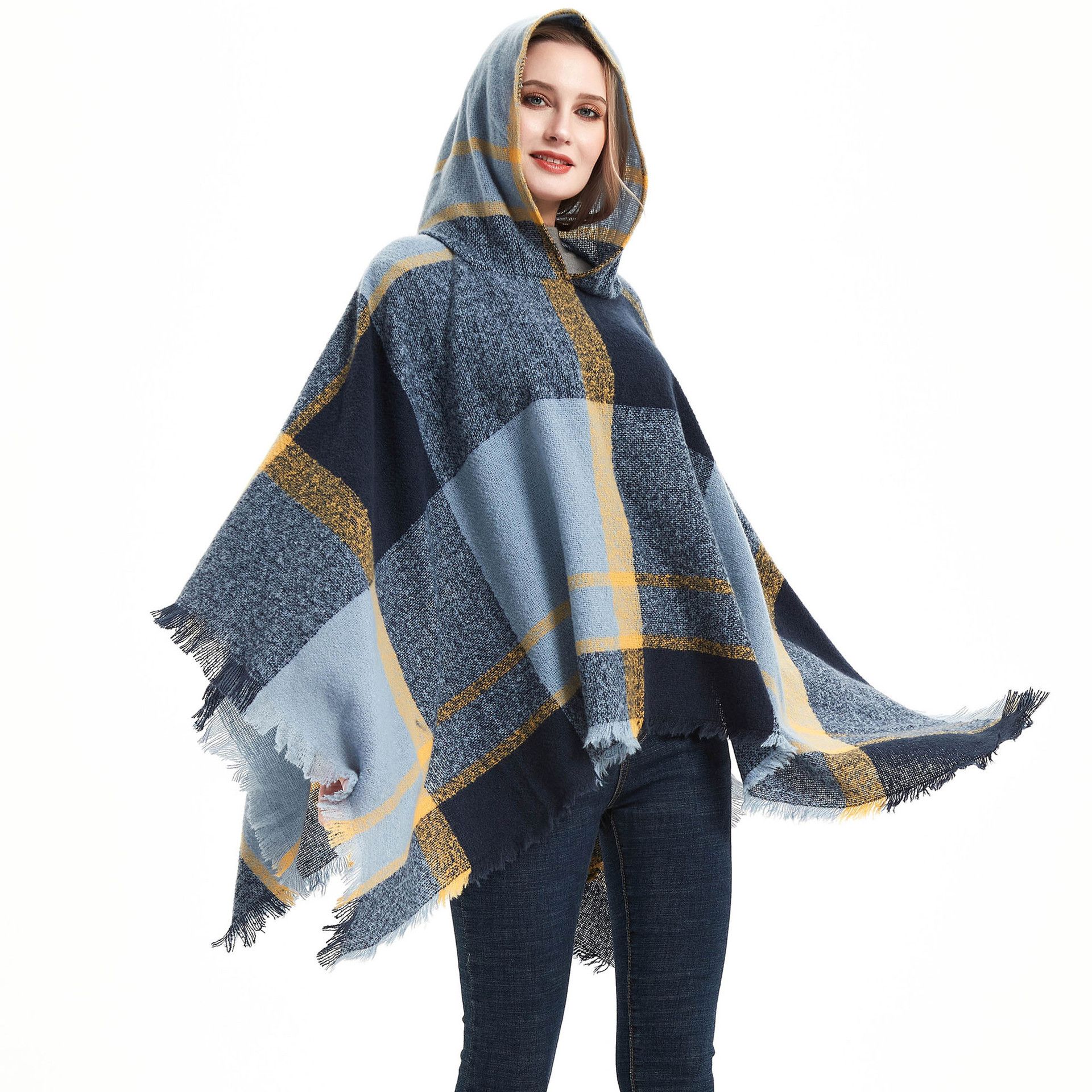 Spring and winter stock Circle sand check blue women's cape hooded shawl cape