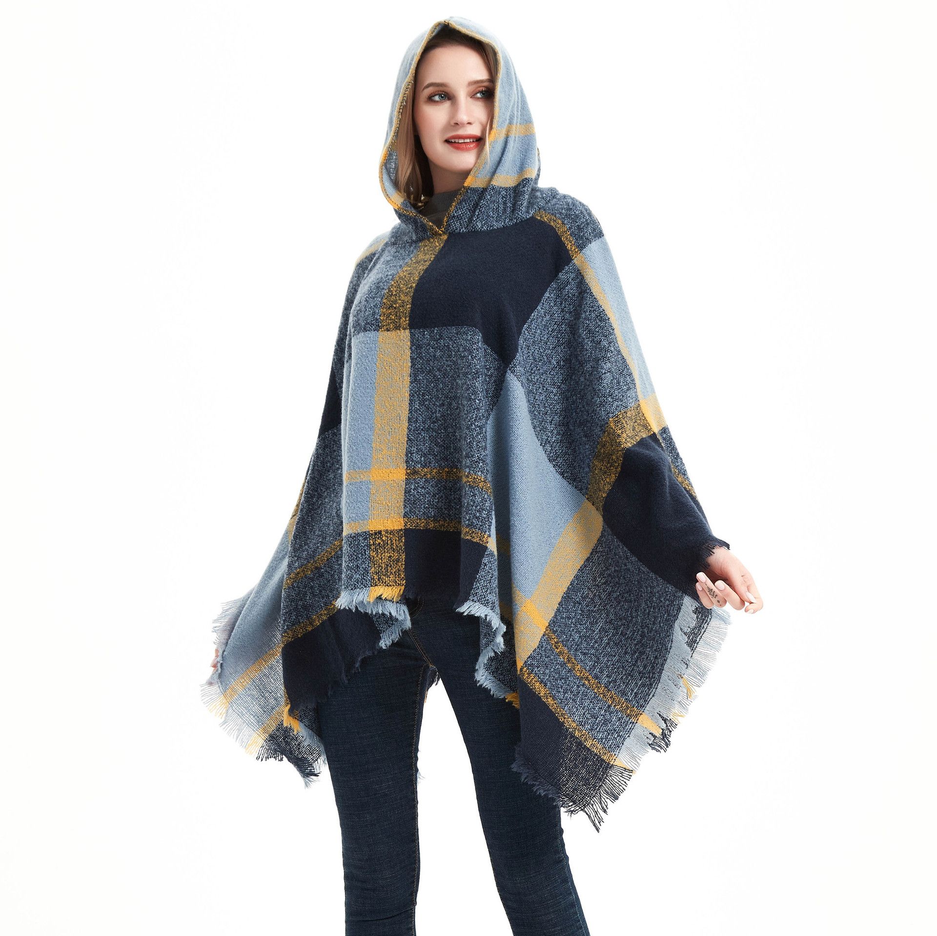 Spring and winter stock Circle sand check blue women's cape hooded shawl cape