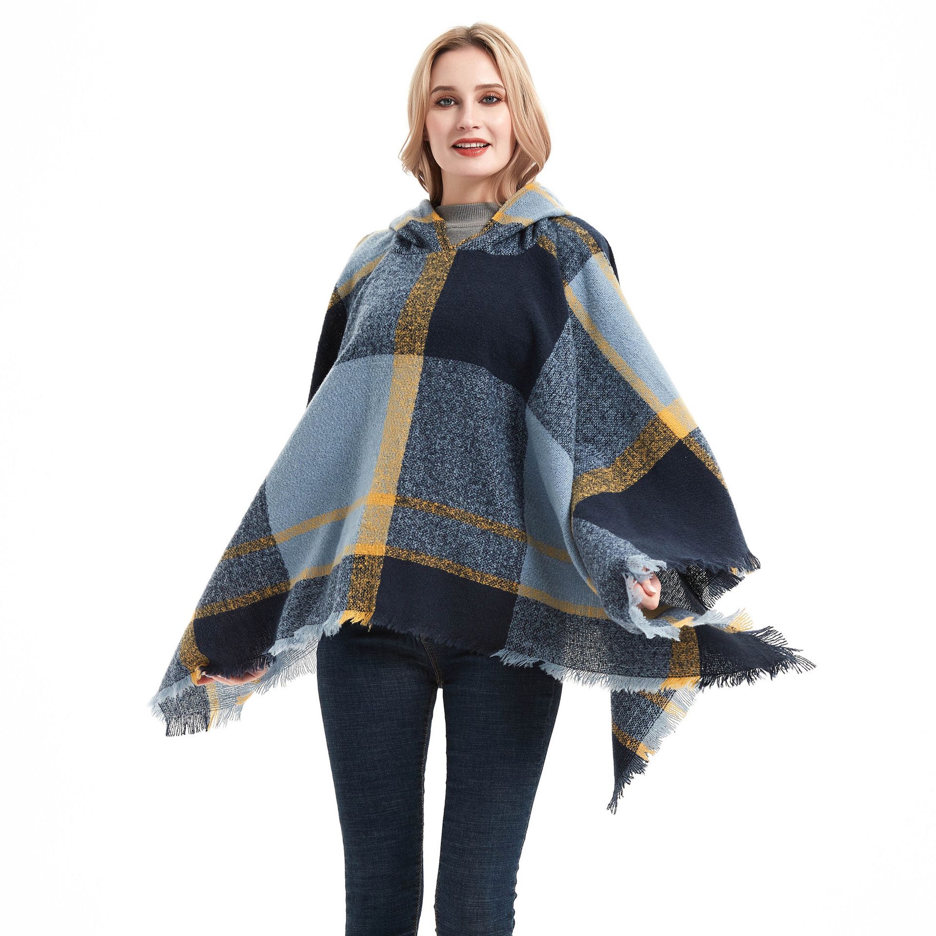 Spring and winter stock Circle sand check blue women's cape hooded shawl cape