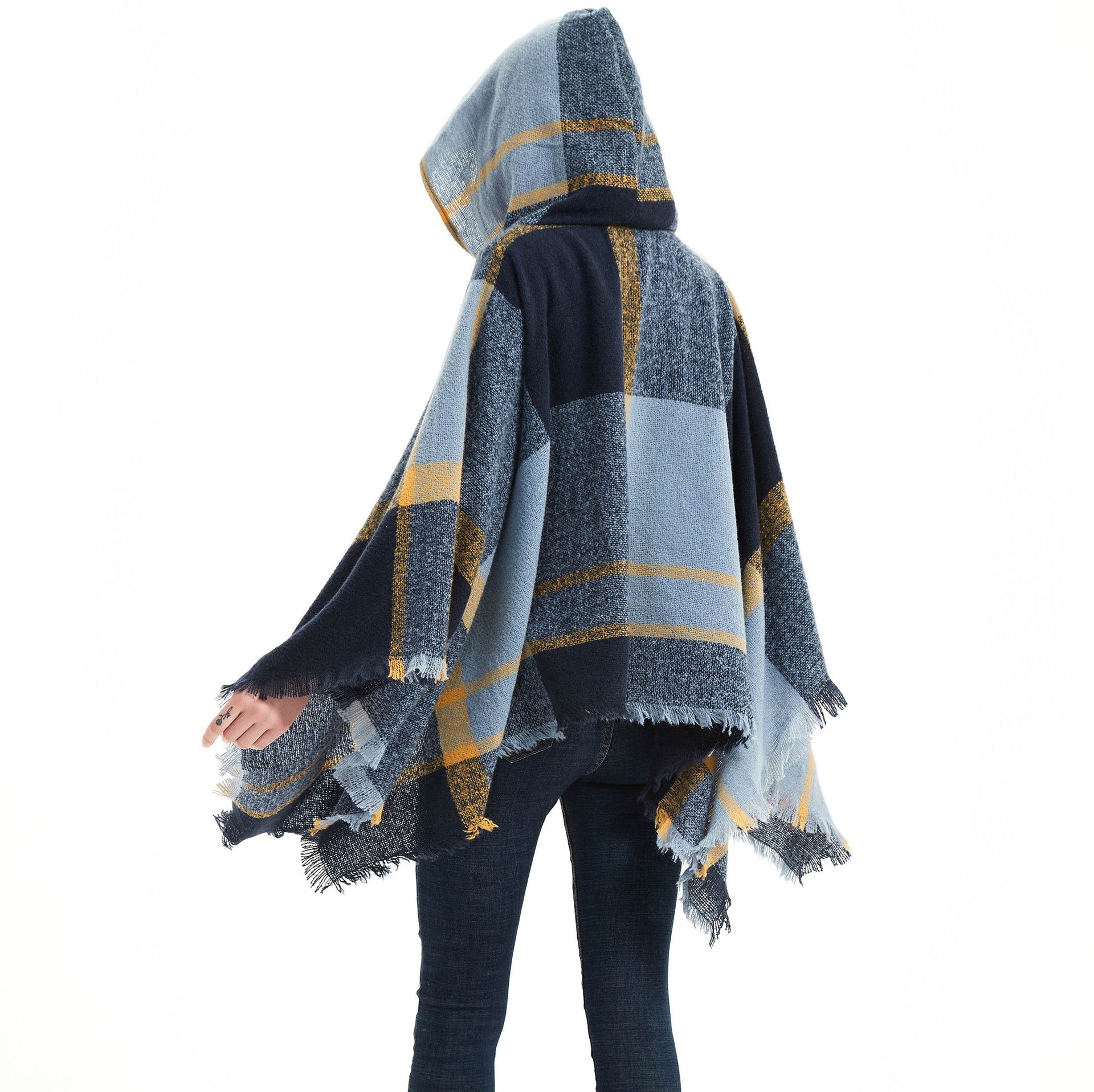 Spring and winter stock Circle sand check blue women's cape hooded shawl cape