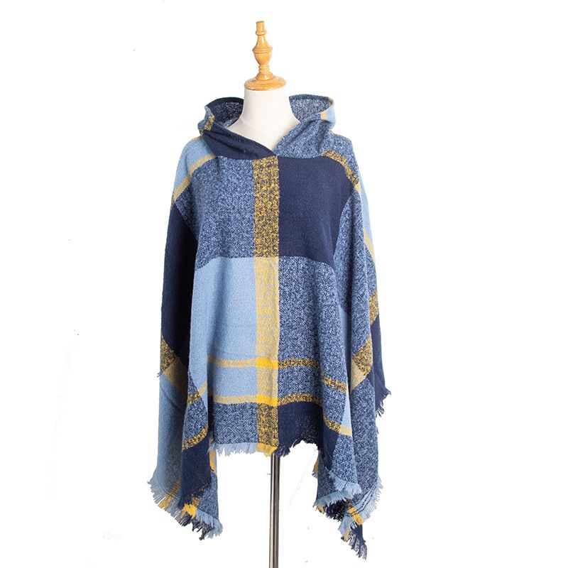 Spring and winter stock Circle sand check blue women's cape hooded shawl cape