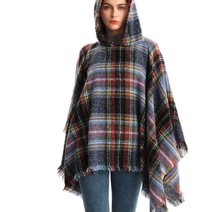 New contrasting color cape Spring and Autumn winter loop yarn double checked hooded cape over head cape