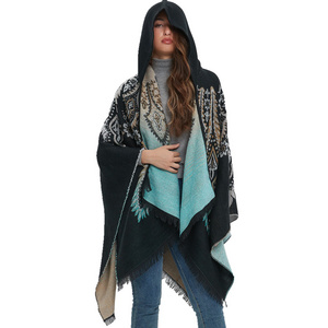 New spring and winter peacock jacquard black and blue imitation cashmere hooded cape cape