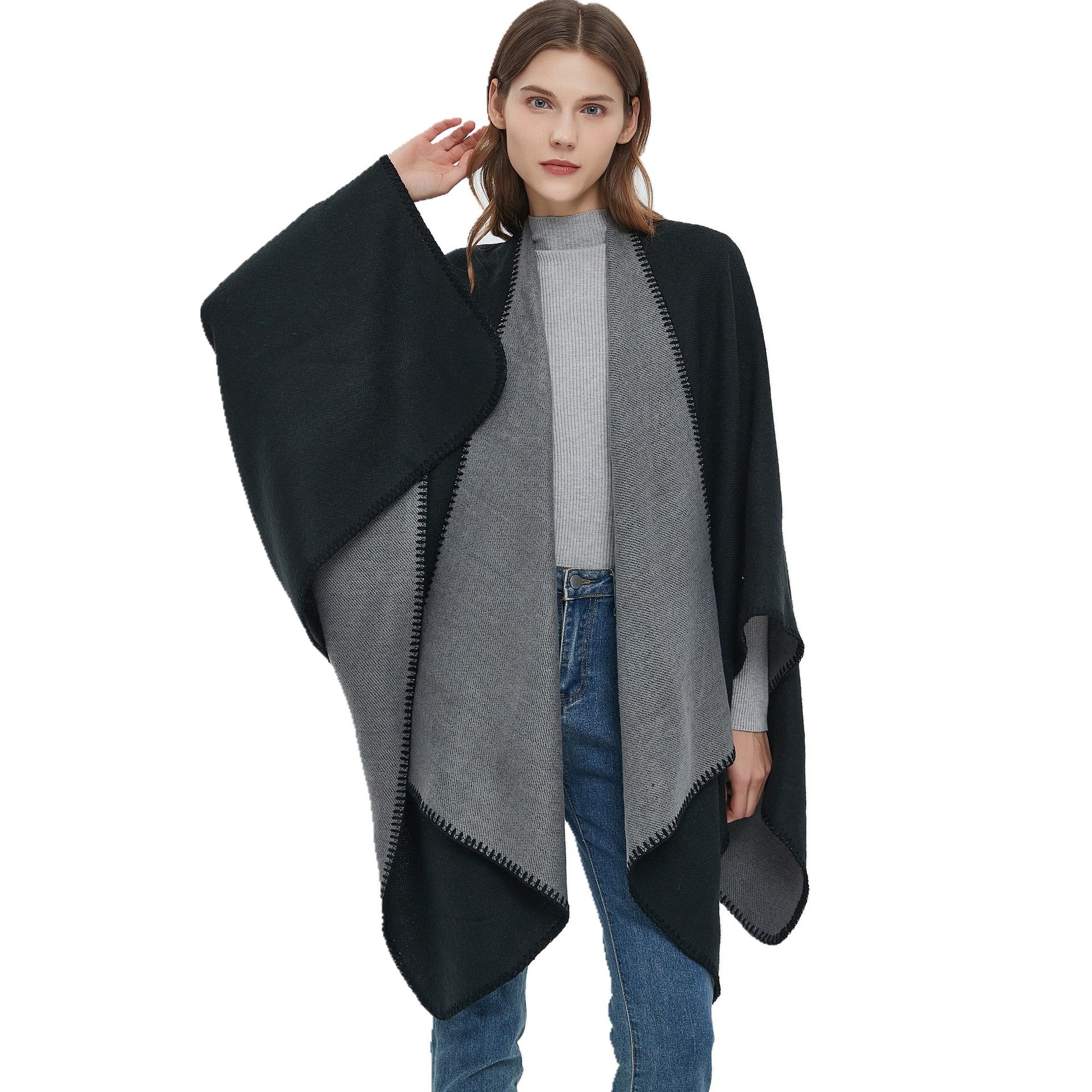 Hot autumn/Winter locks solid color imitation cashmere double-sided black grey split cape