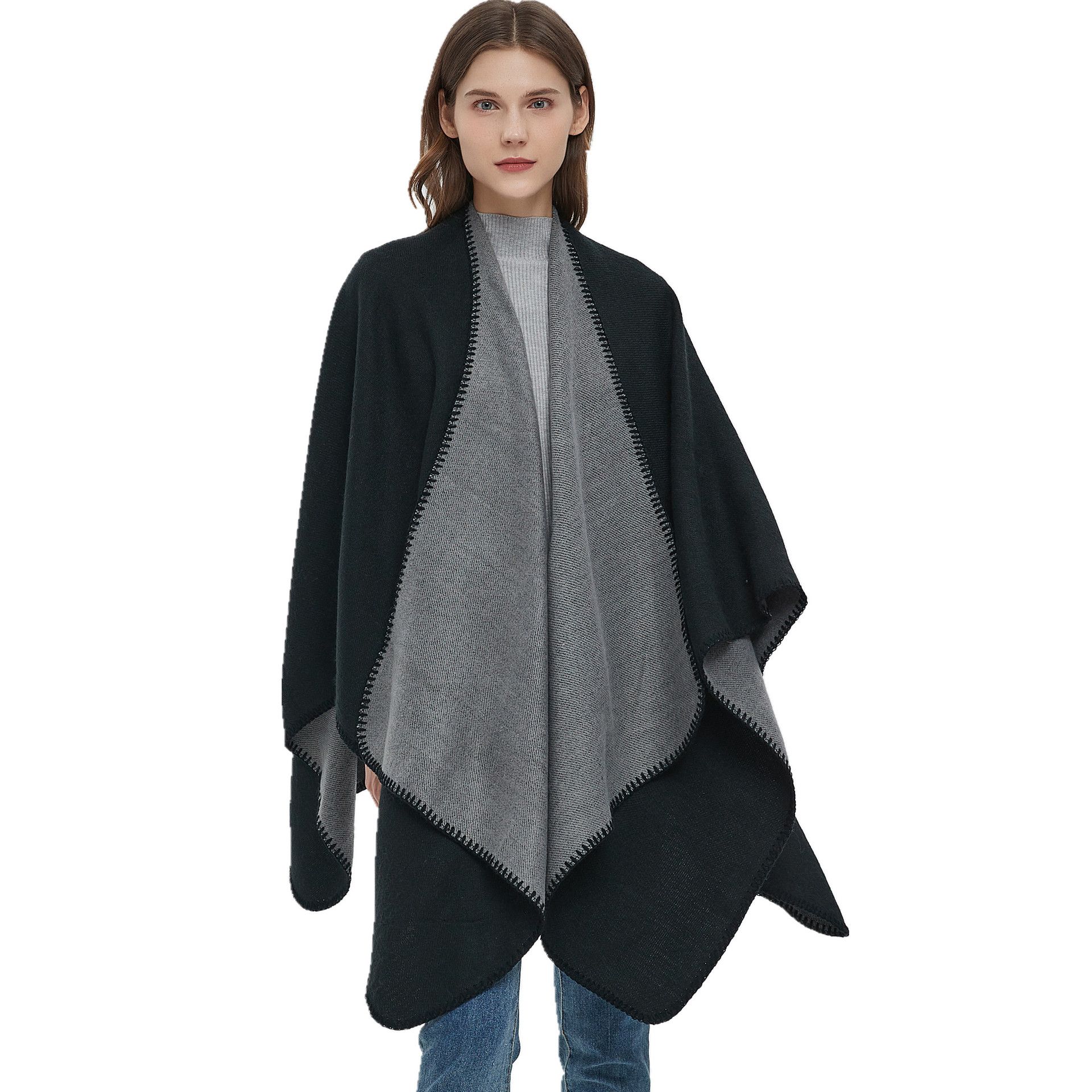 Hot autumn/Winter locks solid color imitation cashmere double-sided black grey split cape