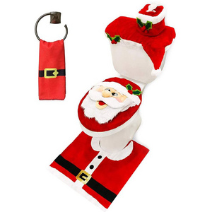 Xmas Indoor Decor Toilet Seat Tank Cover Toilet Paper Box and Santa Towel Christmas Theme Decoration Set