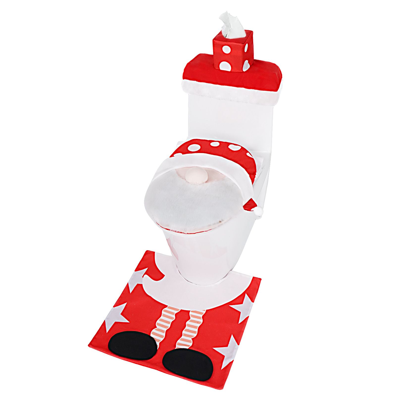 Xmas Indoor Decor Toilet Seat Cover Tank Cover Toilet Paper Box Cover and Santa Towel Christmas Theme Decoration Set