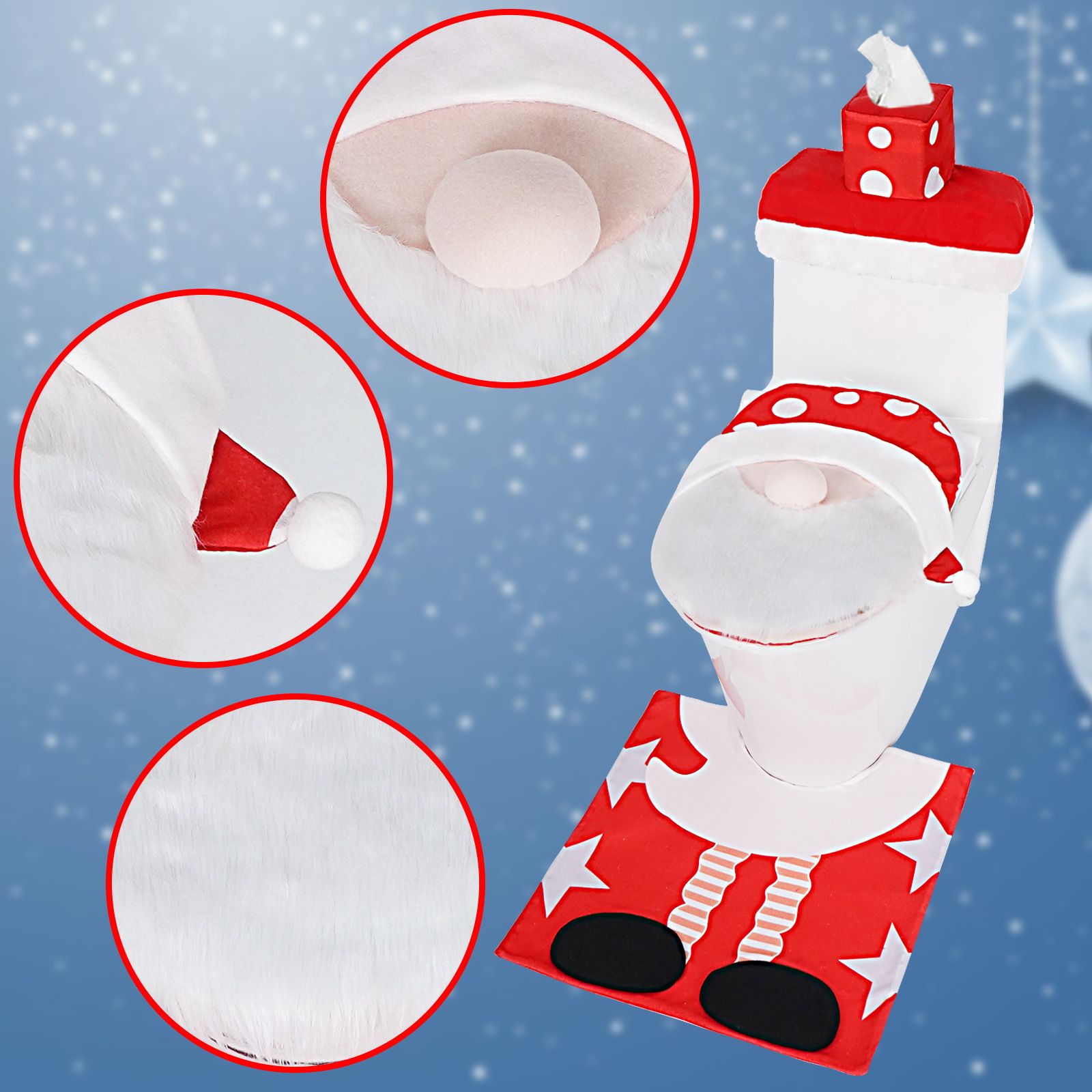 Xmas Indoor Decor Toilet Seat Cover Tank Cover Toilet Paper Box Cover and Santa Towel Christmas Theme Decoration Set