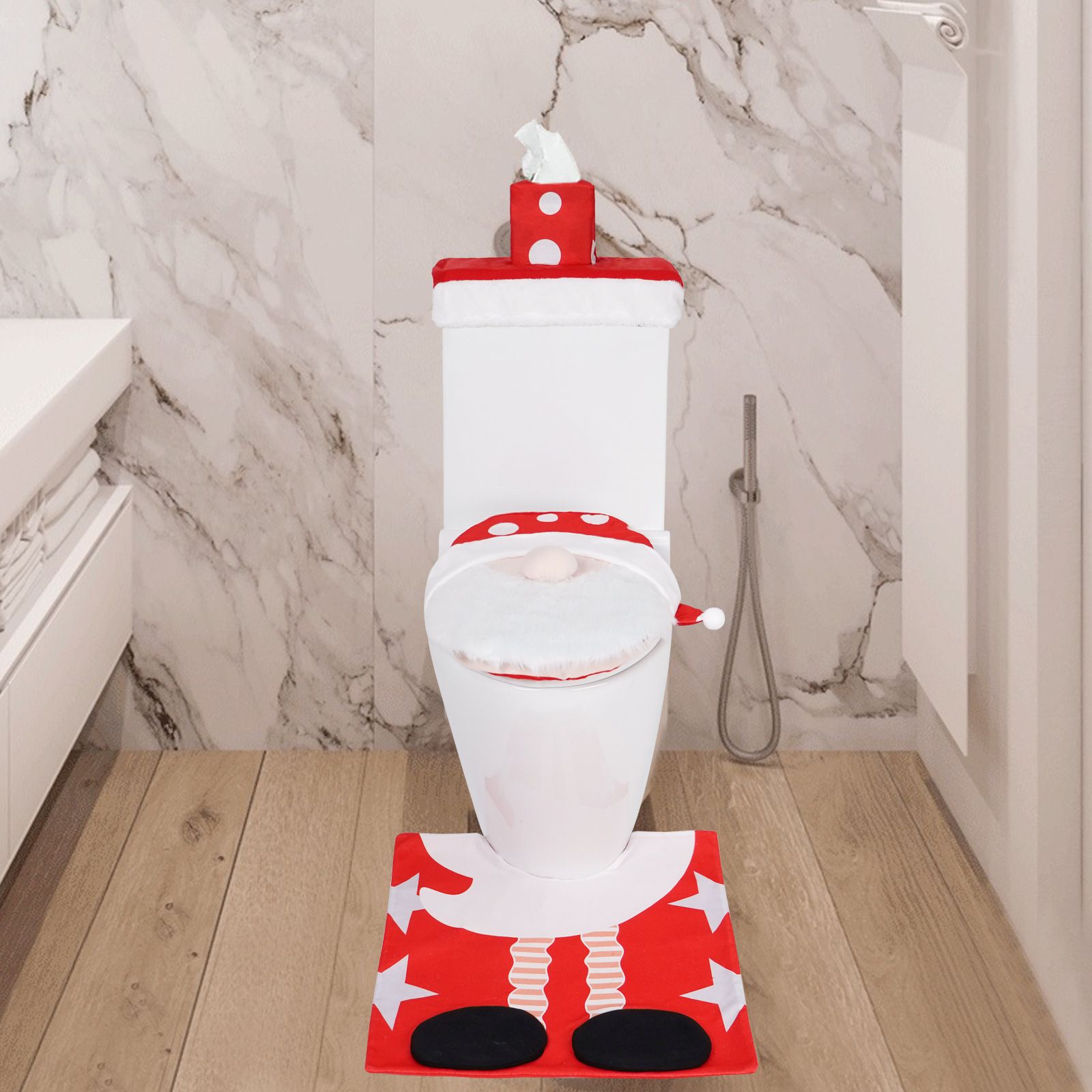 Xmas Indoor Decor Toilet Seat Cover Tank Cover Toilet Paper Box Cover and Santa Towel Christmas Theme Decoration Set