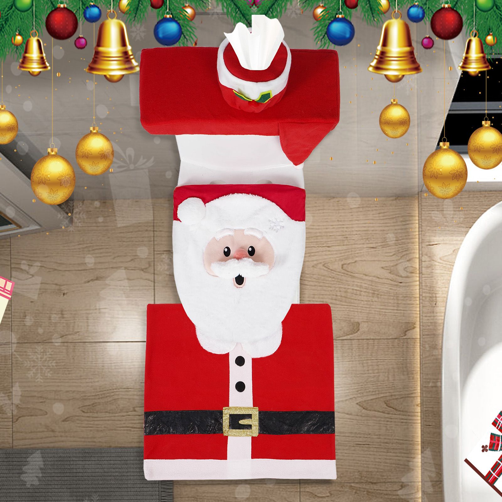 Xmas Indoor Decor Toilet Seat Cover Tank Cover Toilet Paper Box Cover and Santa Towel Christmas Theme Decoration Set