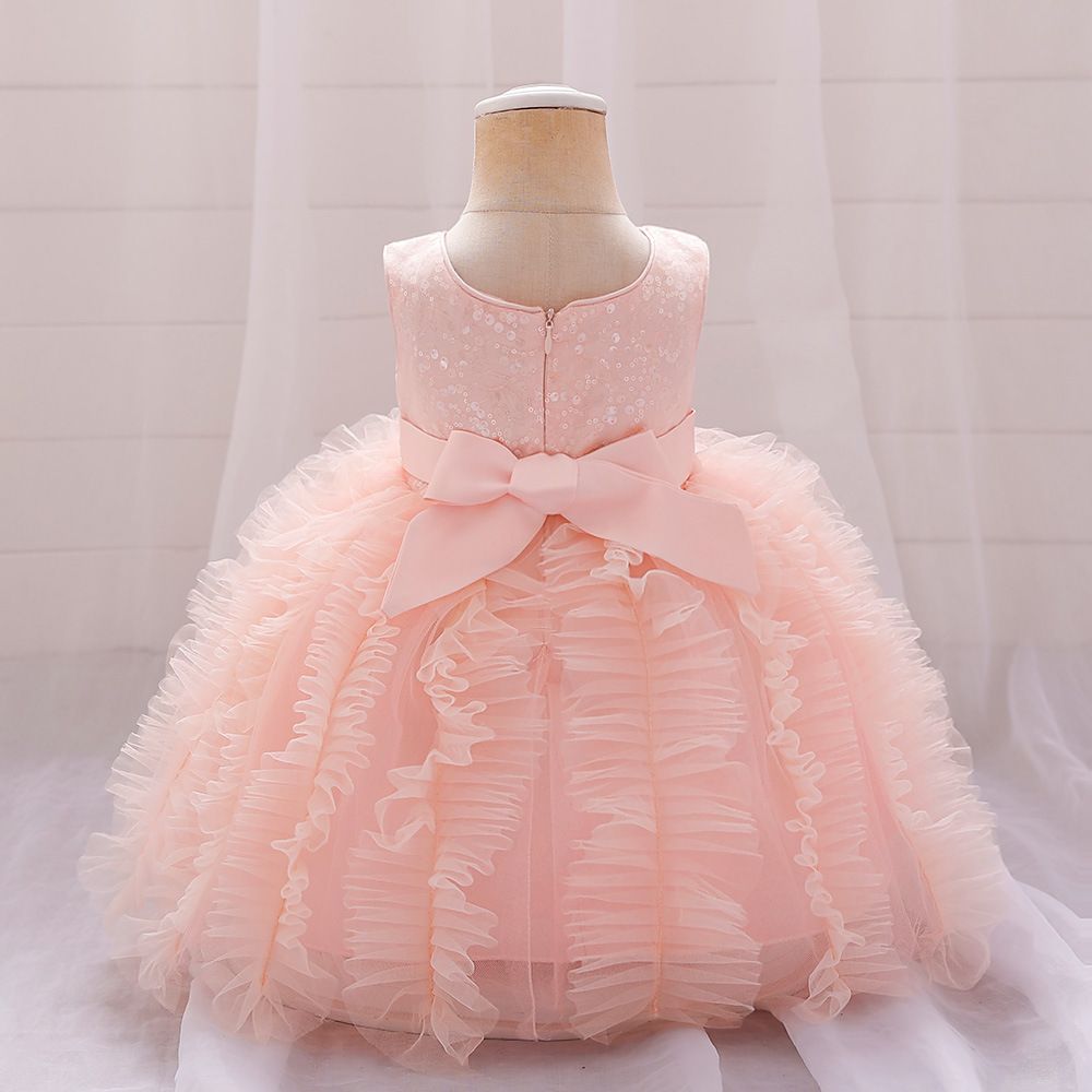 Girls' Elegant Pink Sequin Tulle Kids Dress with Ruffled Skirt and Bow Back - Perfect for Special Occasions