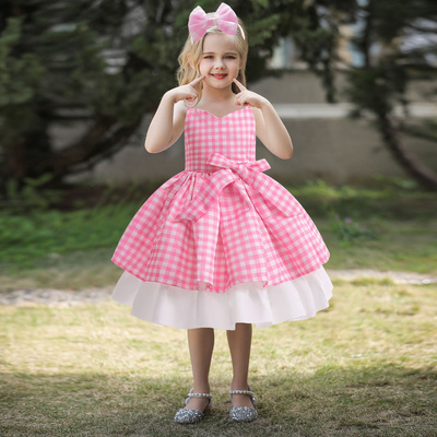 Pink Bow Kids Party Dress Elegant Sleeveless Girls Princess Dress Suitable for Parties, Birthdays and Photos