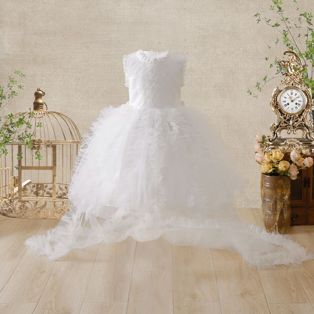 Elegant white princess tulle kids dress, flower girl wedding puffy mesh dress for performances, parties and hosting