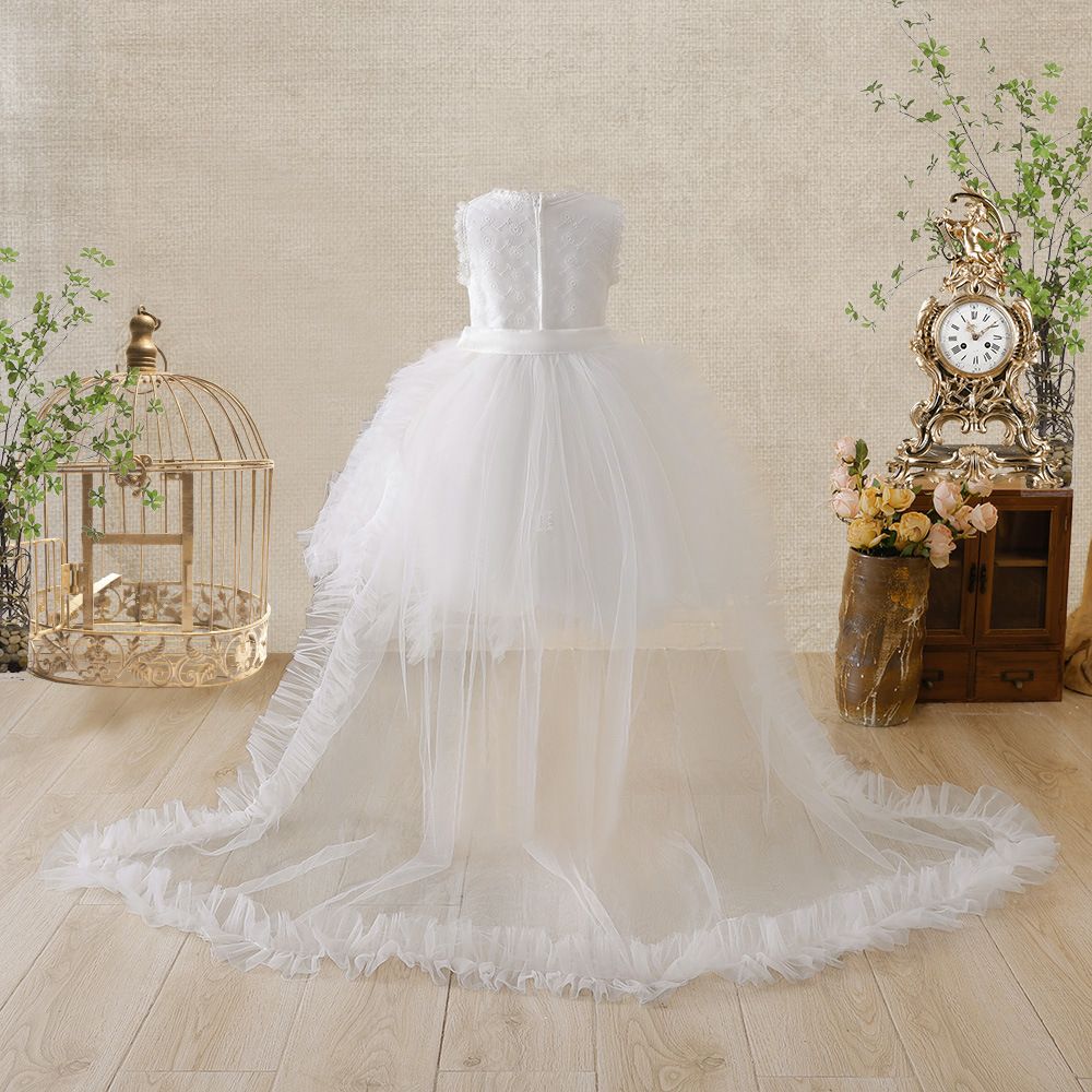 Elegant white princess tulle kids dress, flower girl wedding puffy mesh dress for performances, parties and hosting