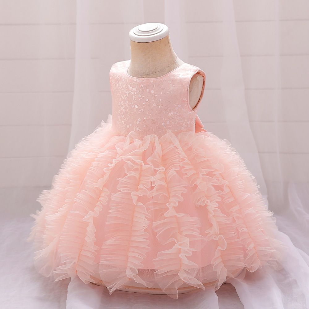 Girls' Elegant Pink Sequin Tulle Kids Dress with Ruffled Skirt and Bow Back - Perfect for Special Occasions