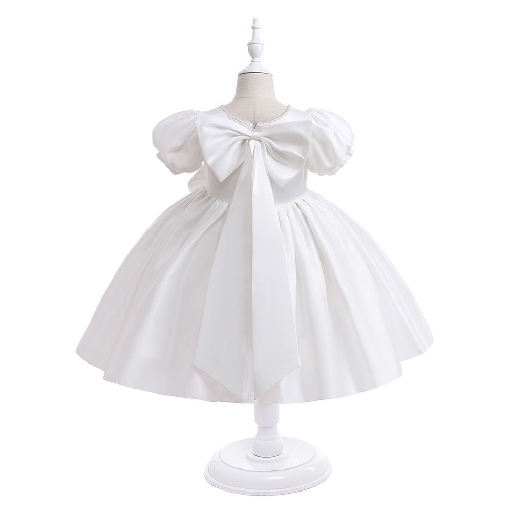 Elegant new summer girl's satin princess dress with puffy sleeves and big bow, kids dress perfect for wedding performances