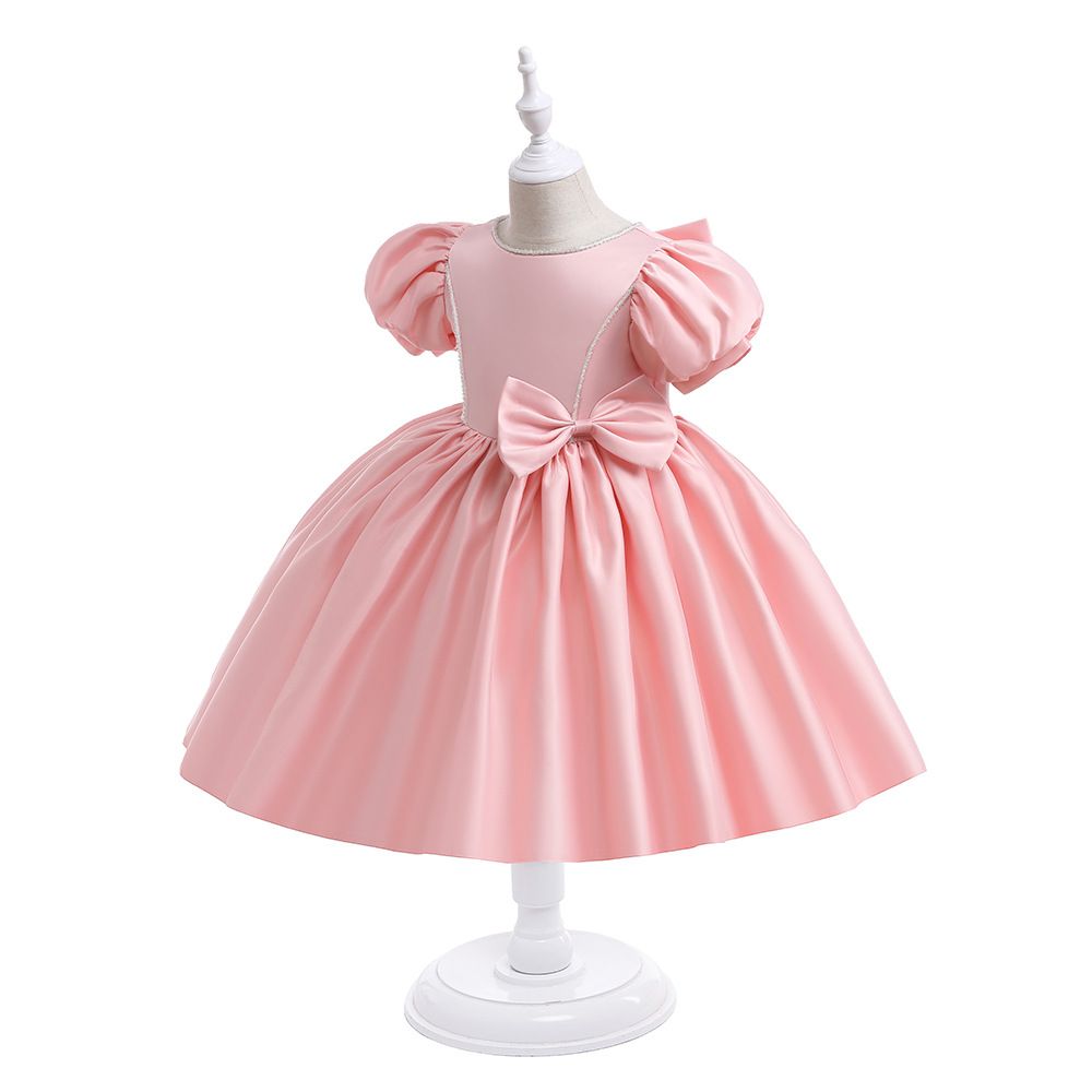 Elegant new summer girl's satin princess dress with puffy sleeves and big bow, kids dress perfect for wedding performances