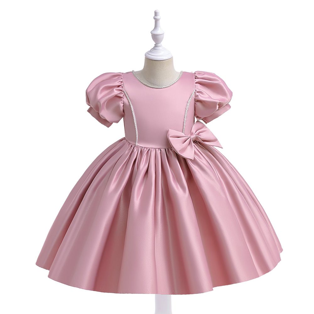 Elegant new summer girl's satin princess dress with puffy sleeves and big bow, kids dress perfect for wedding performances