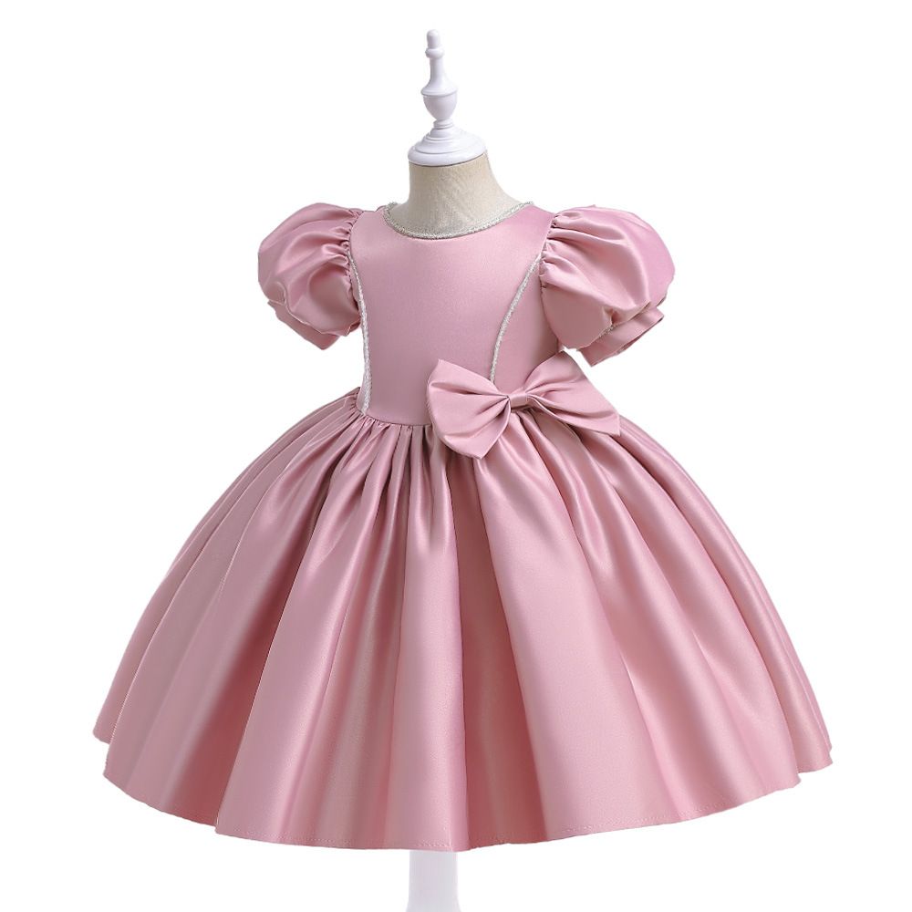 Elegant new summer girl's satin princess dress with puffy sleeves and big bow, kids dress perfect for wedding performances