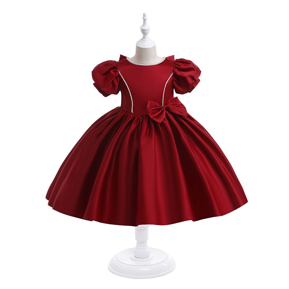 Elegant new summer girl's satin princess dress with puffy sleeves and big bow, kids dress perfect for wedding performances