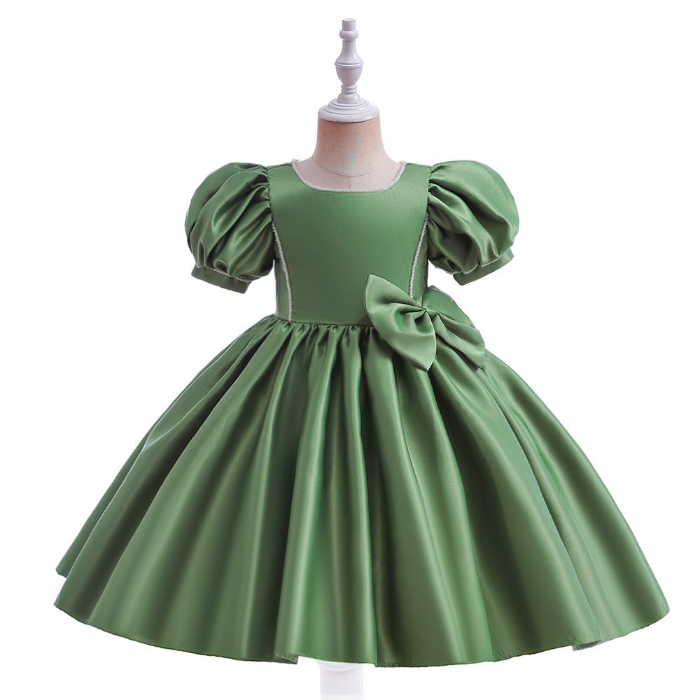 Elegant new summer girl's satin princess dress with puffy sleeves and big bow, kids dress perfect for wedding performances