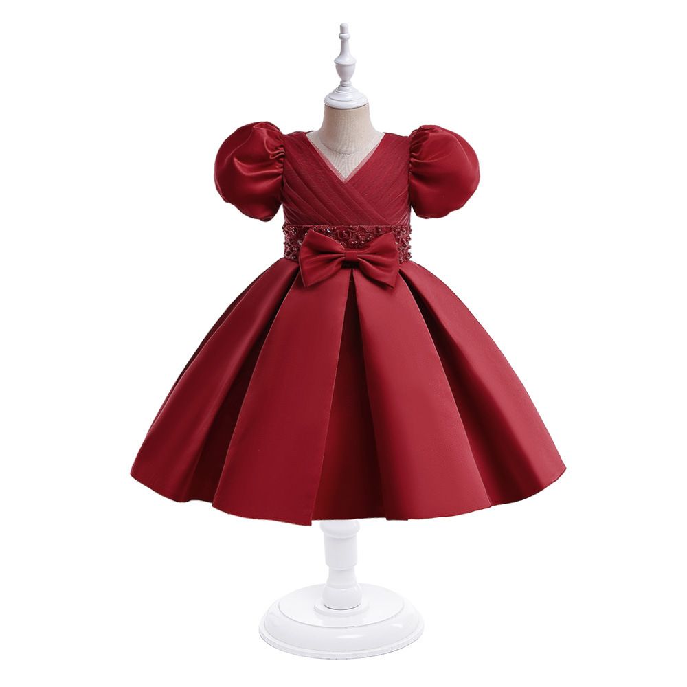 Elegant Satin Princess Dress for kids dress with Puffy Sleeves and Large Bowknot Perfect for Weddings, Performances, Fashion