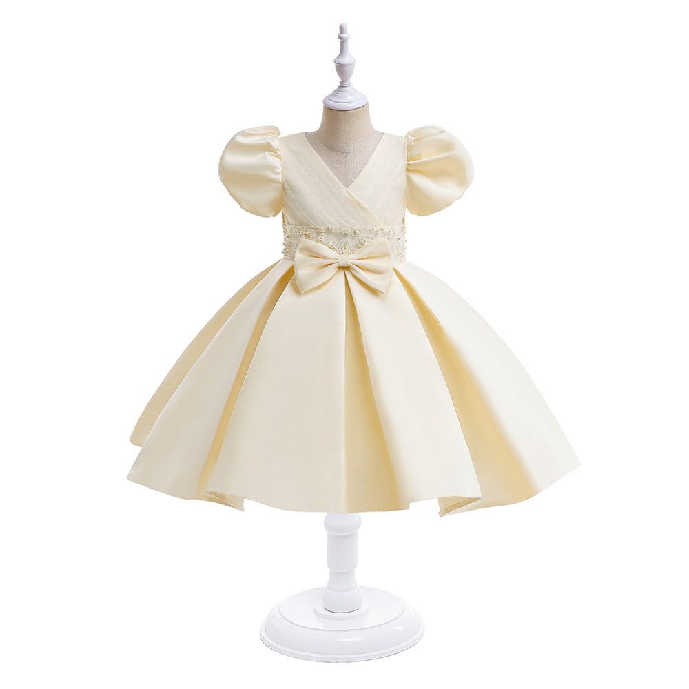 Elegant Satin Princess Dress for kids dress with Puffy Sleeves and Large Bowknot Perfect for Weddings, Performances, Fashion