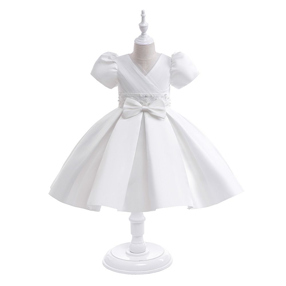 Elegant Satin Princess Dress for kids dress with Puffy Sleeves and Large Bowknot Perfect for Weddings, Performances, Fashion